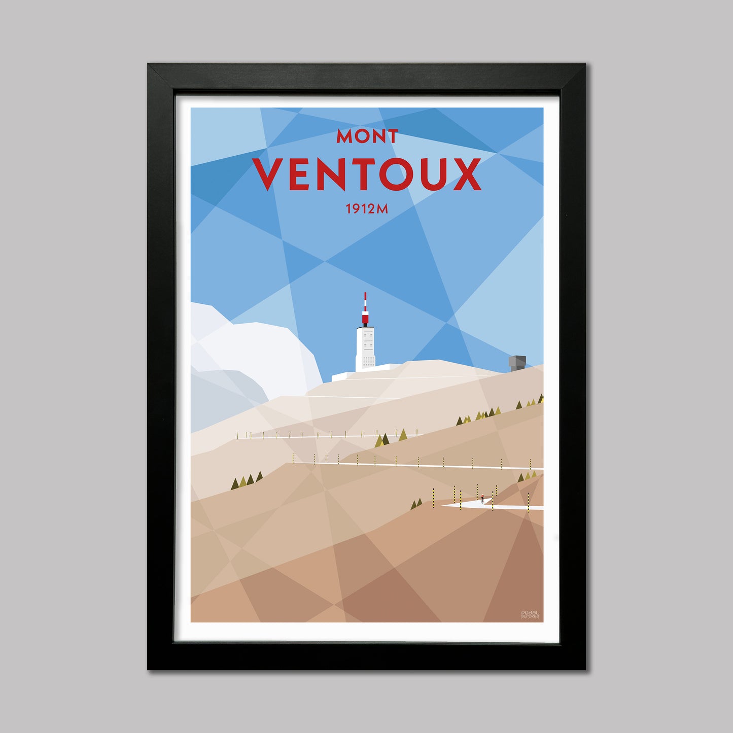 Print of a cyclist on the final few corners of the climb to the top of Mont Ventoux in Provence. Presented in a black frame.