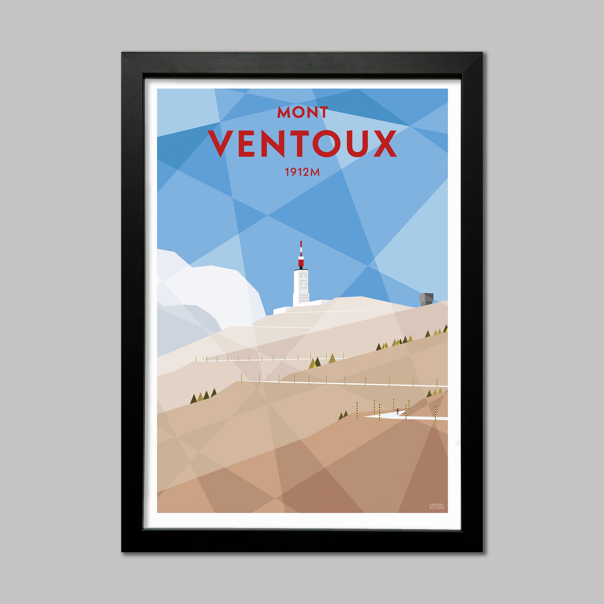 Print of a cyclist on the final few corners of the climb to the top of Mont Ventoux in Provence. Presented in a black frame.