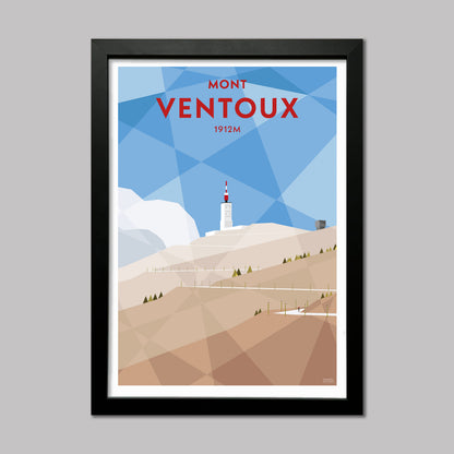 Print of a cyclist on the final few corners of the climb to the top of Mont Ventoux in Provence. Presented in a black frame.