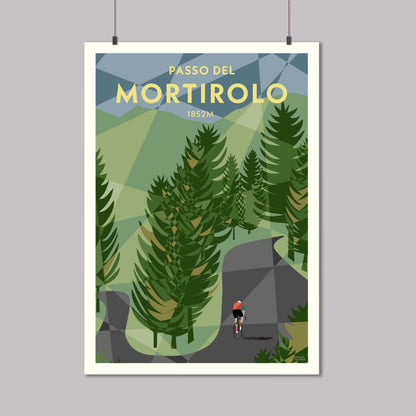 Print of a cyclist through the trees on the Mortirolo climb in the Italian Alps.