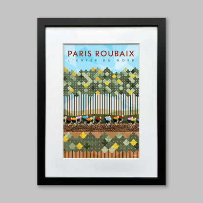 Paris Roubaix monuments poster print of the Arenberg trench. Presented in a black frame with a white mount.
