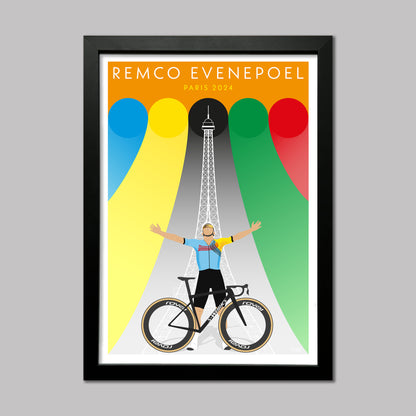Remco Evenepoel Paris 2024. Standing in front of the Eiffel tower after winning double gold medals in the road race and time trial events. Presented in a black frame.