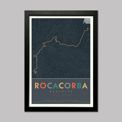 Poster of the cycle route of Rocacorba climb in Spain with contour lines and elevation details. Presented in a black frame.