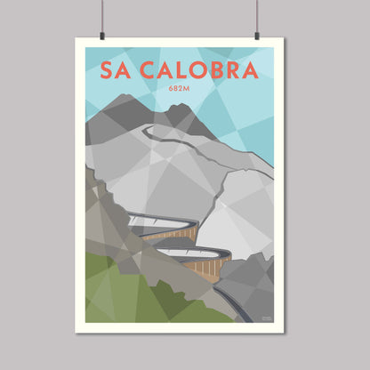 Print of a cyclist on the hairpin bends of the Sa Calobra climb in Mallorca.