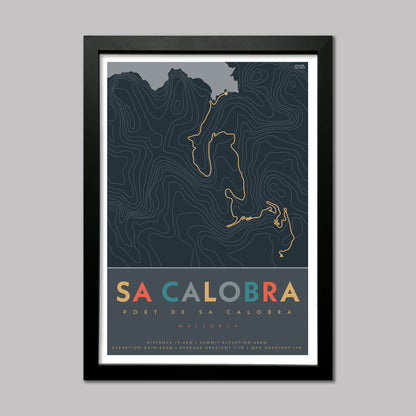 Poster of the cycle route of Sa Calobra Climb in Mallorca with contour lines and elevation details. In a black frame.