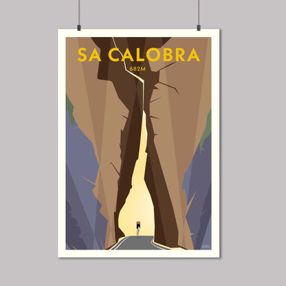Print of a cyclist riding through the rock arch on the climb from Sa Calobra port in Mallorca 