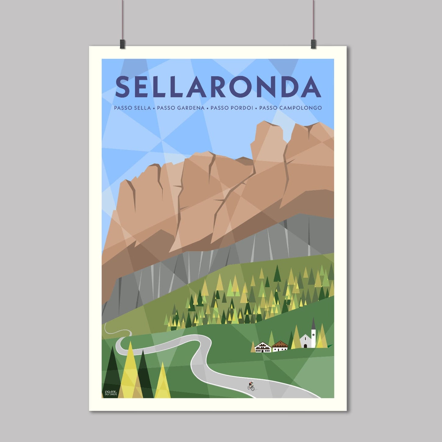 Poster of Sellaronda in the Dolomites with mountains and a road and trees.
