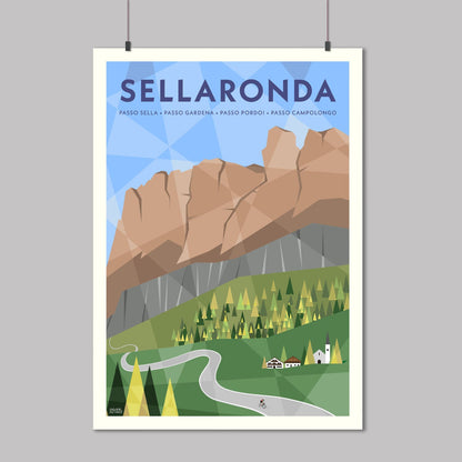 Poster of Sellaronda in the Dolomites with mountains and a road and trees.