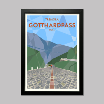 Cycling print of the cobbled Old Tremola Road or St Gotthard Pass in Switzerland presented in a black frame