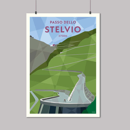 Print of a cyclist on the climb up to the Stelvio pass. The white stone walled hairpins are visible winding up the road ahead.
