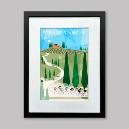 Poster print of Strade Bianche race showing riders on the white gravel roads of Tuscany, Italy. Printed on fine art paper and presented in a black frame with a white mount.