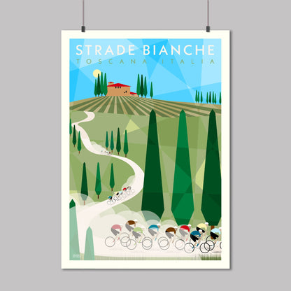 Poster print of Strade Bianche race showing riders on the white gravel roads of Tuscany, Italy. Printed on fine art paper.
