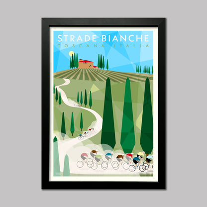 Poster print of Strade Bianche race showing riders on the white gravel roads of Tuscany, Italy. Printed on fine art paper and presented in a black frame.