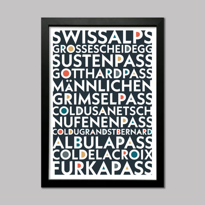Colourful typography print of the Iconic and epic cycling climbs found in the Swiss Alps. Presented in a black frame.