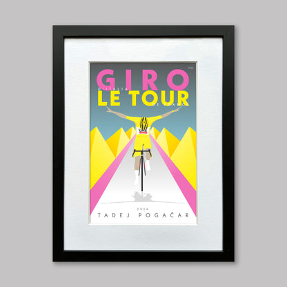 Tadej Pogacar, double winner of the Tour de France and Giro d-Italia in 2024. This poster uses the winner jersey colours of pink and yellow, with Pogacar crossing the line with his signature bow. Presented in a black frame with a window mount.. By Pedal Strokes Design