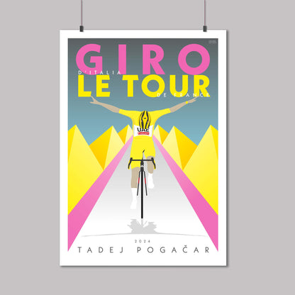 Tadej Pogacar, double winner of the Tour de France and Giro d-Italia in 2024. This poster uses the winner jersey colours of pink and yellow, with Pogacar crossing the line with his signature bow. designed by By Pedal Strokes Design.