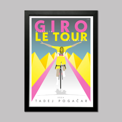 Tadej Pogacar, double winner of the Tour de France and Giro d-Italia in 2024. This poster uses the winner jersey colours of pink and yellow, with Pogacar crossing the line with his signature bow. Presented in a black frame. By Pedal Strokes Design