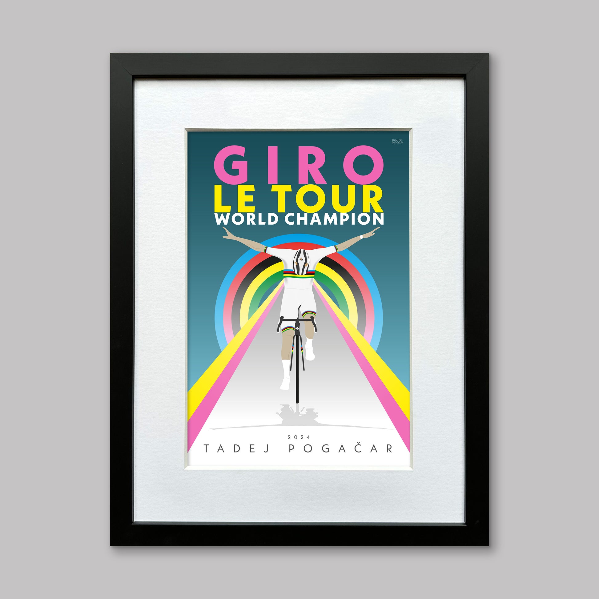 Tadej Pogacar, celebrating his triple crown as winner of the Tour de France, Giro d-Italia and the World Champion in 2024. This poster uses the colours associated with these events as Pogacar crosses the line with his signature bow. Framed and mounted.