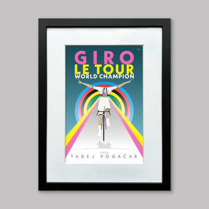 Tadej Pogacar, celebrating his triple crown as winner of the Tour de France, Giro d-Italia and the World Champion in 2024. This poster uses the colours associated with these events as Pogacar crosses the line with his signature bow. Framed and mounted.