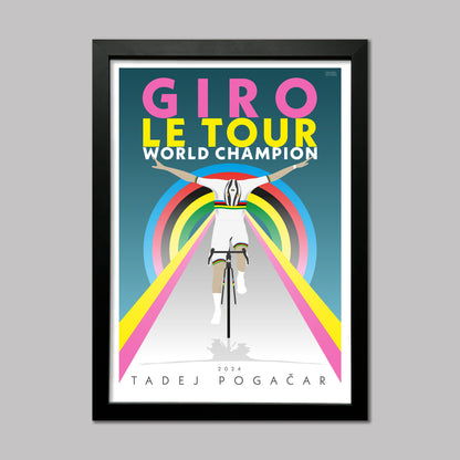 Tadej Pogacar, celebrating his triple crown as winner of the Tour de France, Giro d-Italia and the World Champion in 2024. This poster uses the colours associated with these events as Pogacar crosses the line with his signature bow. Presented in a black frame.