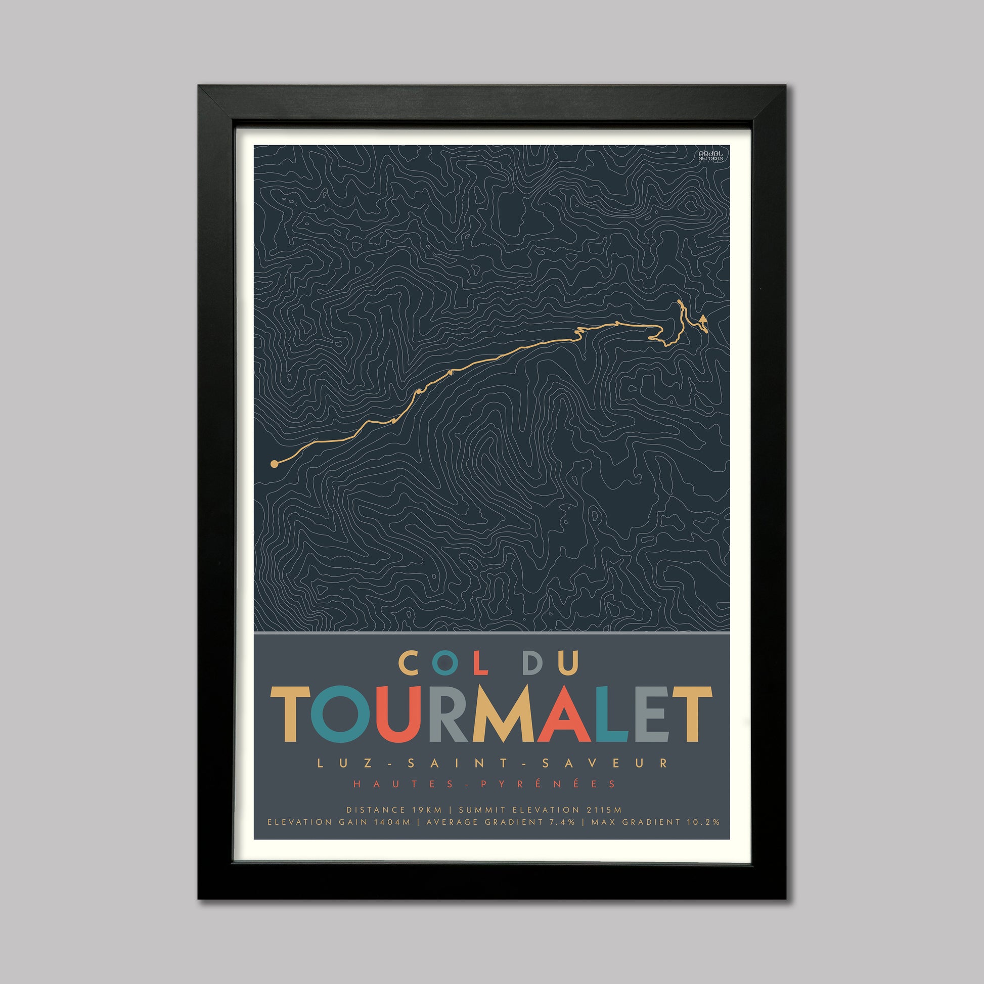 Poster of the cycle route of Col du Tourmalet in the Pyrenees. Starting from Luz Saint Saveur. Complete with contour lines and elevation details. Presented in a black frame.