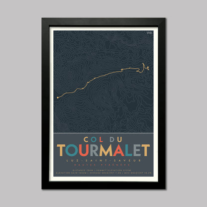 Poster of the cycle route of Col du Tourmalet in the Pyrenees. Starting from Luz Saint Saveur. Complete with contour lines and elevation details. Presented in a black frame.