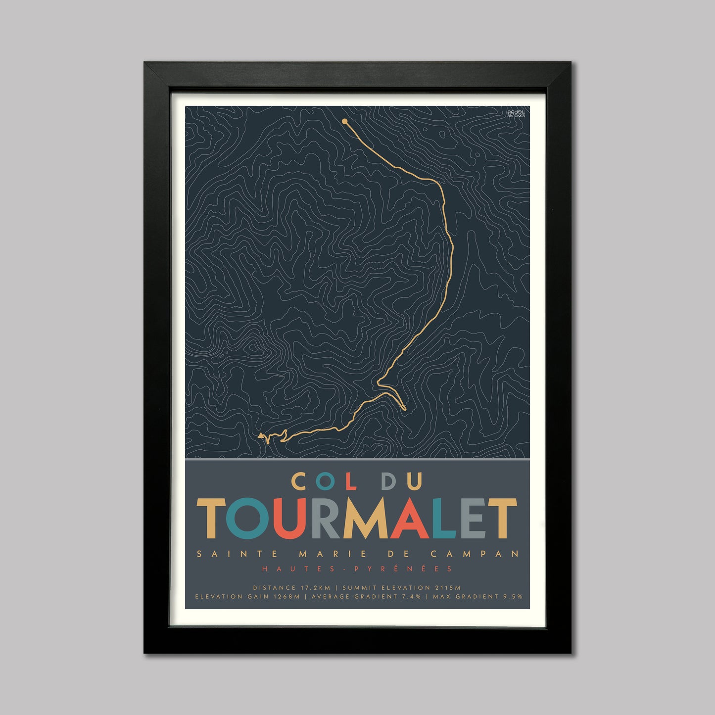 Poster of the cycle climb route from Sainte Marie de Campan to Col du Tourmalet, a high mountain pass in the Pyrenees. Drawn  with contour lines and elevation details. Presented in a black frame.
