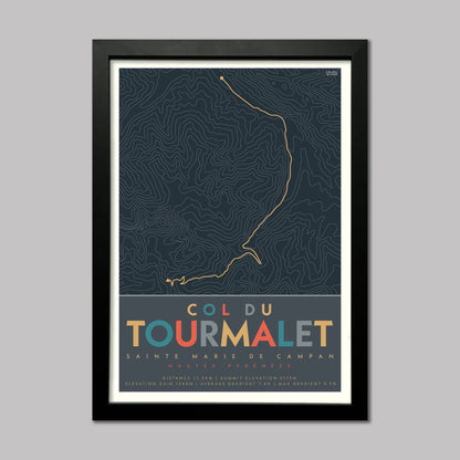 Poster of the cycle climb route from Sainte Marie de Campan to Col du Tourmalet, a high mountain pass in the Pyrenees. Drawn  with contour lines and elevation details. Presented in a black frame.