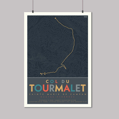Poster of the cycle climb route from Sainte Marie de Campan to Col du Tourmalet, a high mountain pass in the Pyrenees. Drawn  with contour lines and elevation details.