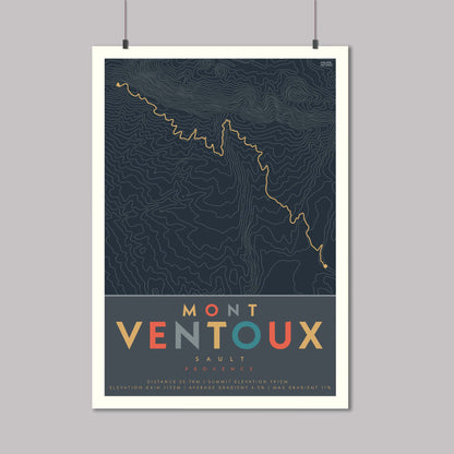 Poster of the cycle route of Mont Ventoux from Sault with map contour lines and elevation details. An epic cycling climb in France.