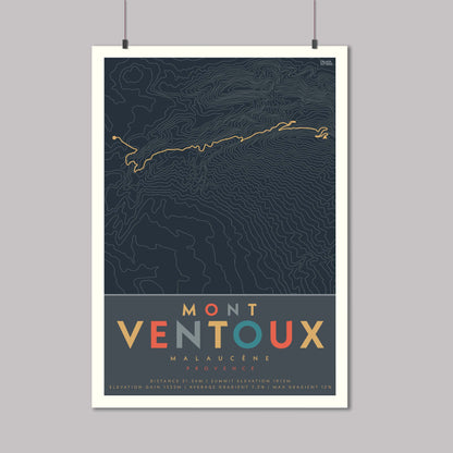 Poster of the cycle route of Mont Ventoux from Malaucene with contour lines and elevation details.