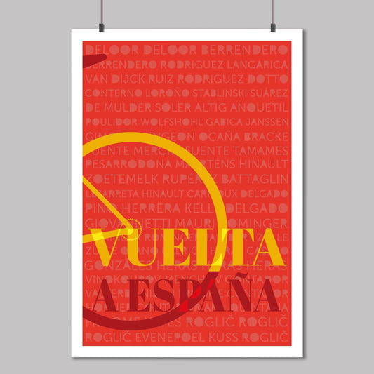 La Vuelta poster in red and yellow of the Spanish Flag with names of previous winners 