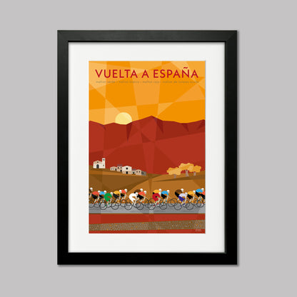 Vuelta a Espana Grand Tour cycling poster print showing the peloton racing through the spanish countryside. Shown in a black frame with a white mount
