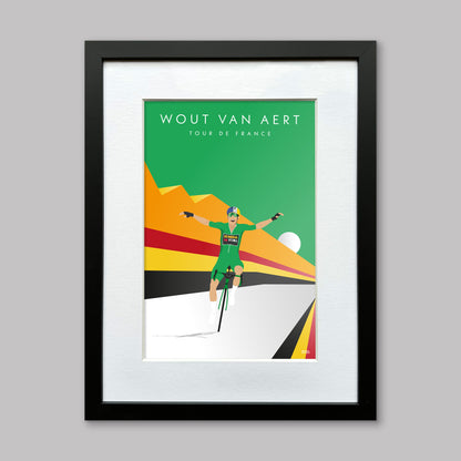 Wout Van Aert celebrating in the Green Jersey at the Tour de France. With a nod to the Belgian flag. Presented in a black frame with a white mount.